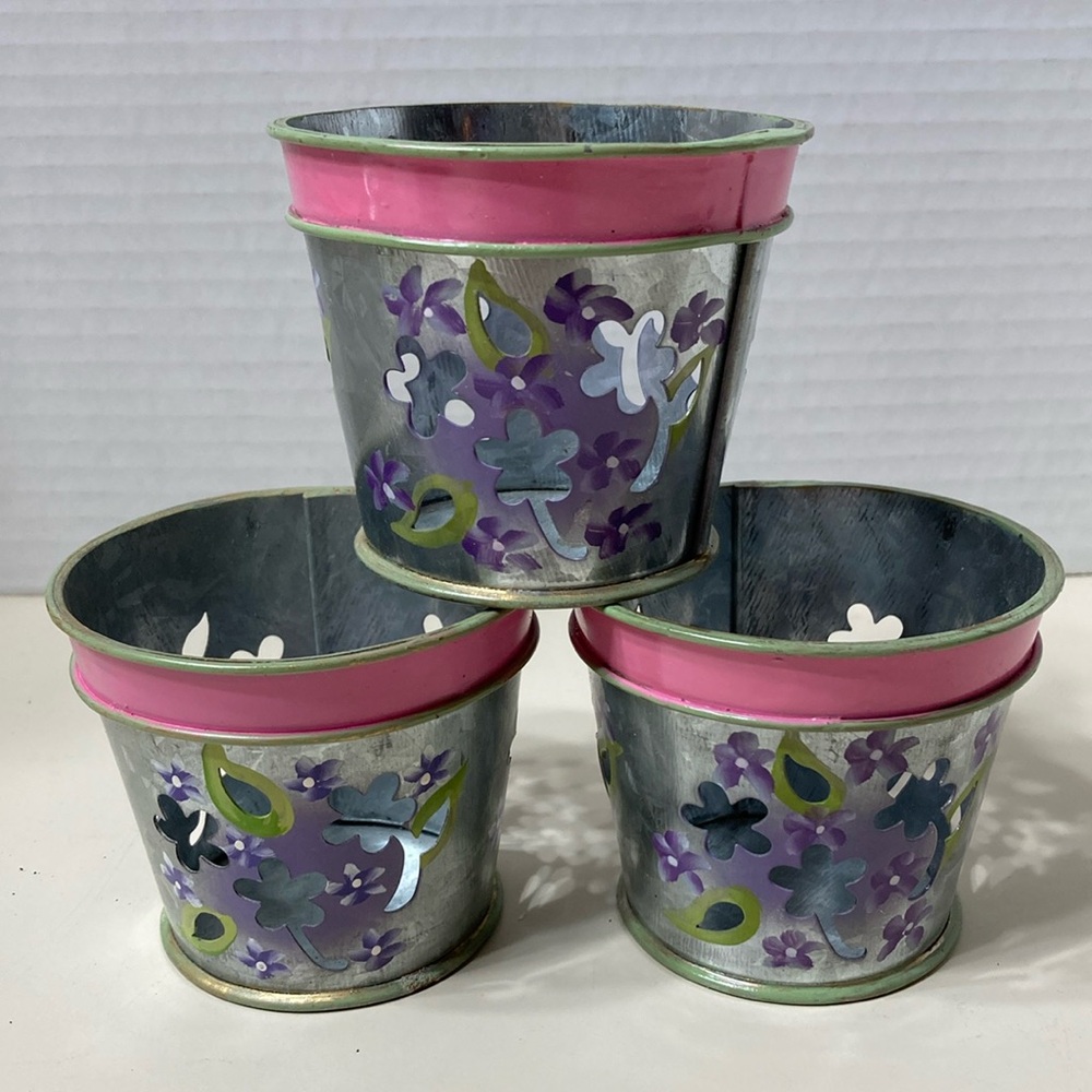 Partylite Galvanized Steel Flower Pots Votive Candle Holders  Purple Lilac 3 PCs